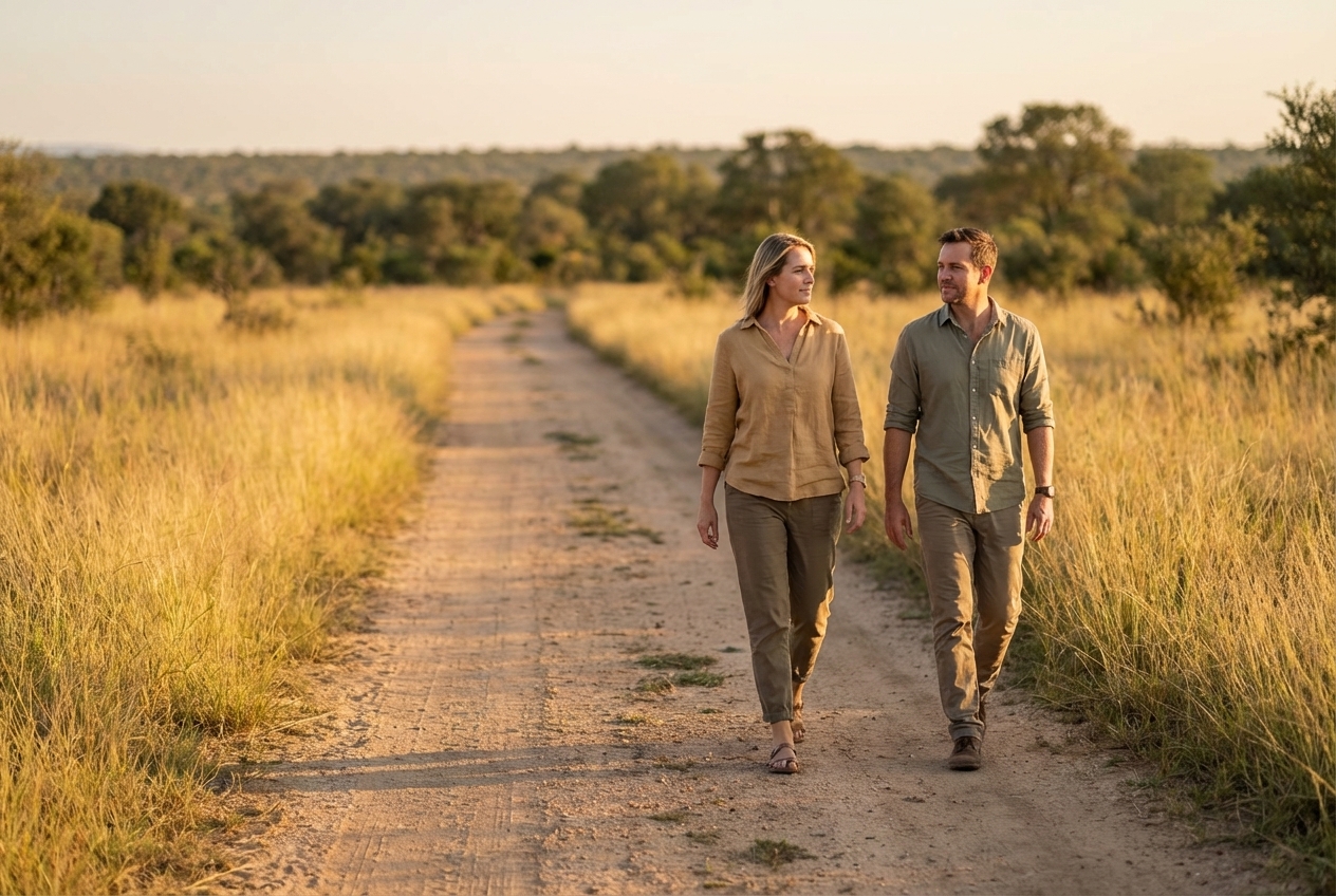 Two people walking together on a path through the South African bushveld at golden hour