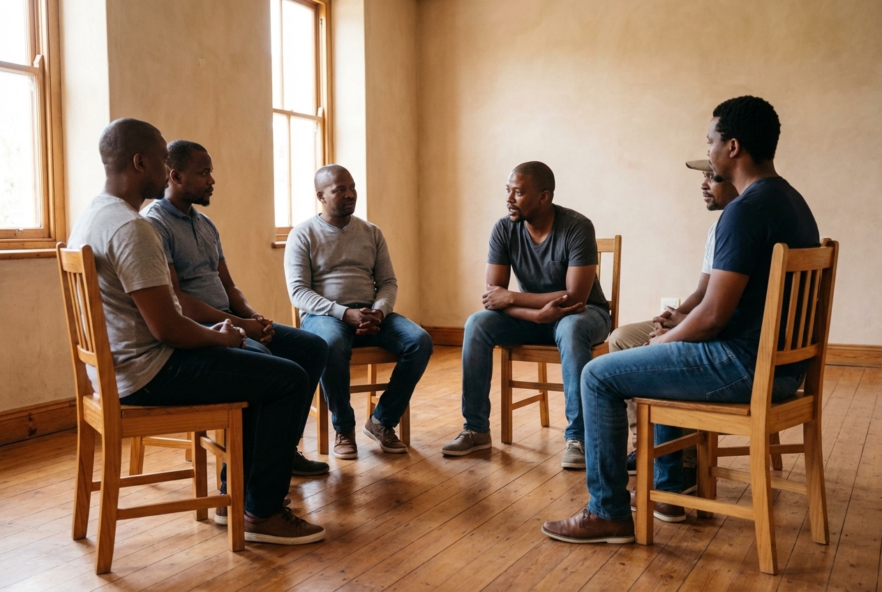 A group of men seated in a circle, speaking honestly in a warm, supportive setting