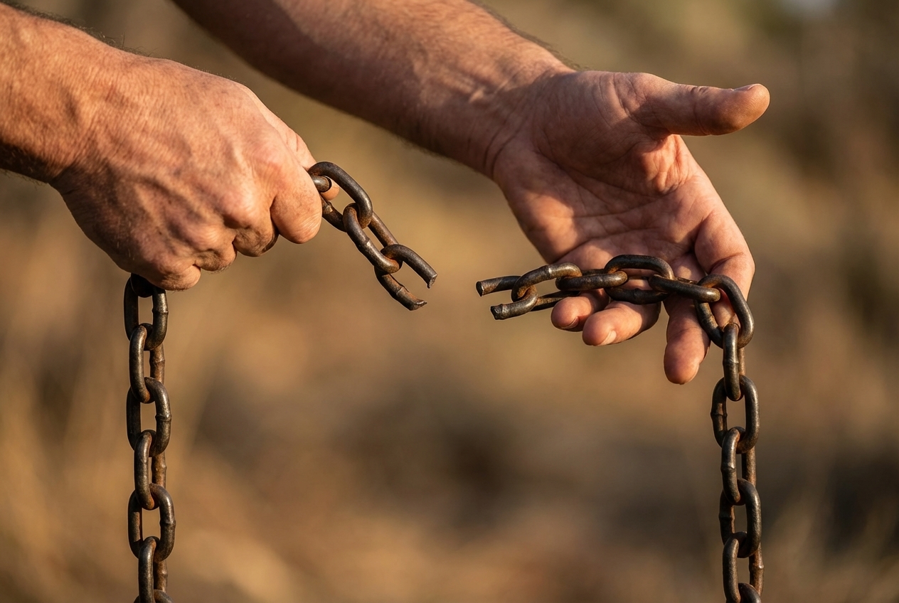 Hands holding a broken chain, symbolising the moment of choosing freedom