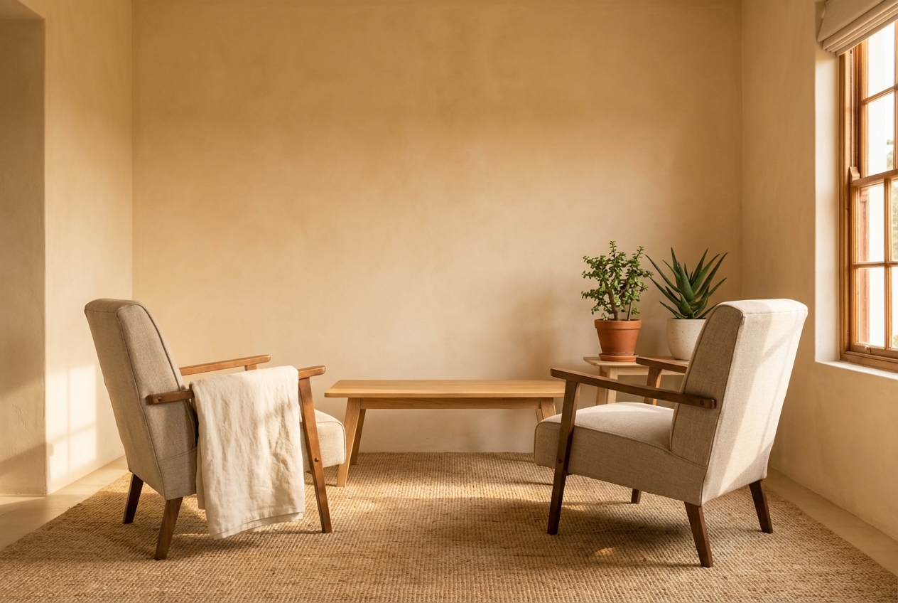Two armchairs facing each other in a warm, sunlit room, ready for an honest conversation