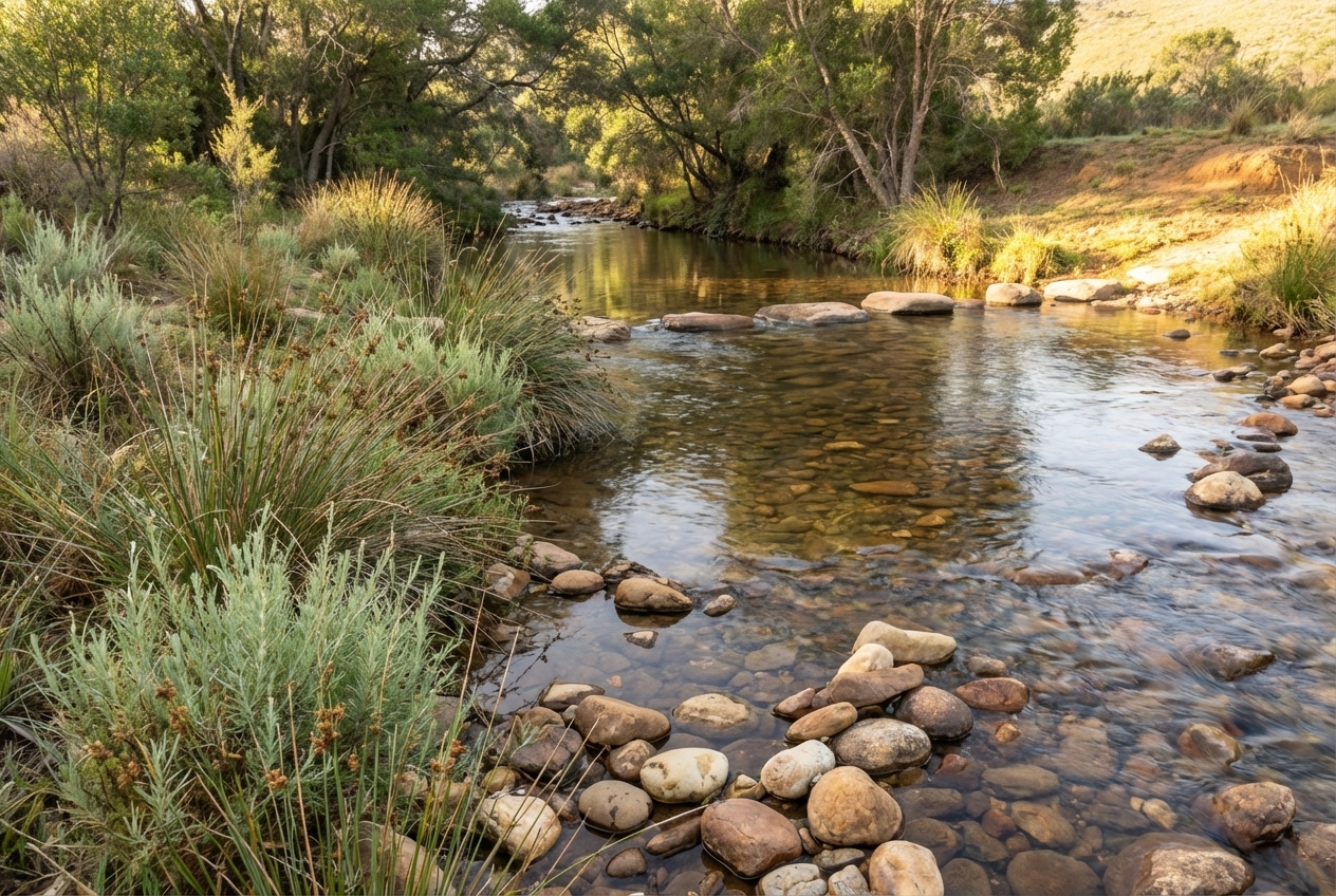 A gentle river with stepping stones crossing to a sunlit far bank in a South African landscape